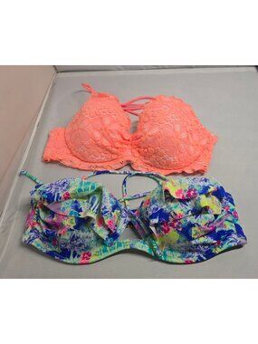 Floral & Coral Lace Bikini Top & Ruffles Halter top set of 2 Ties beach nautical